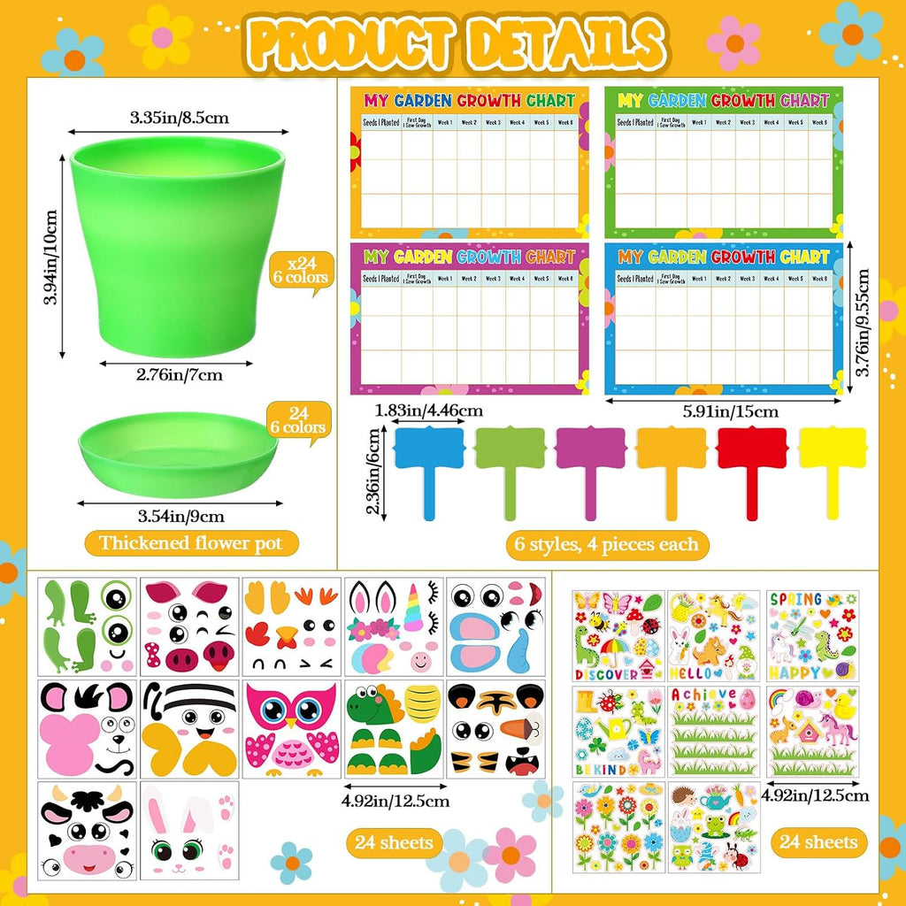 Capoda 24 Sets Garden Flower Pots Crafts Kit DIY Spring Plastic Seedling Nursery Pots with Stickers Plant Labels Growth