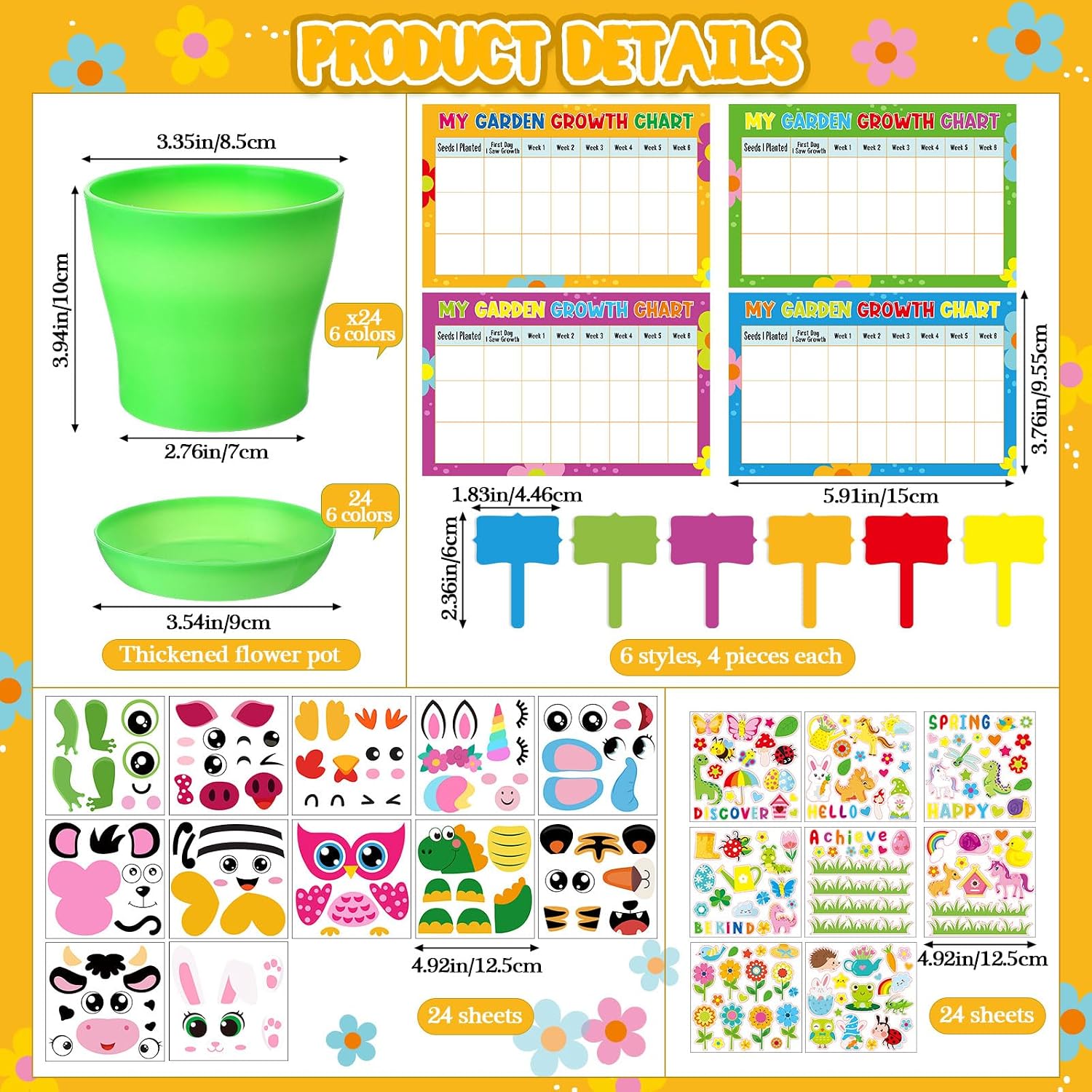 Capoda 24 Sets Garden Flower Pots Crafts Kit DIY Spring Plastic Seedling Nursery Pots with Stickers Plant Labels Growth