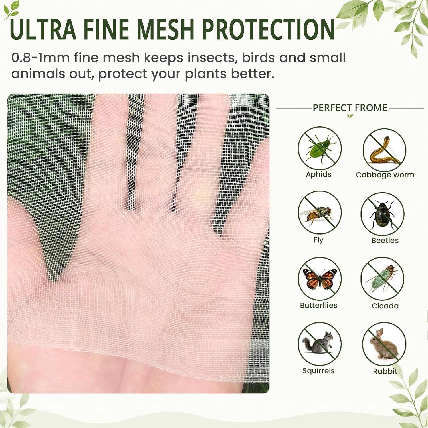 Roll Packed 4x100FT Garden Netting, Fine Mesh Insect Barrier for Plants | Mosquito Bug Bird Animal Pest Barrier Netting