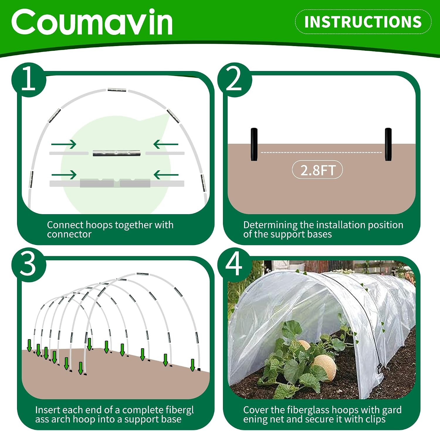 8FT Rust-Free Fiberglass Garden Hoops -72 PCS DIY Grow Tunnel Kit for Raised Beds, Row Cover Support with
