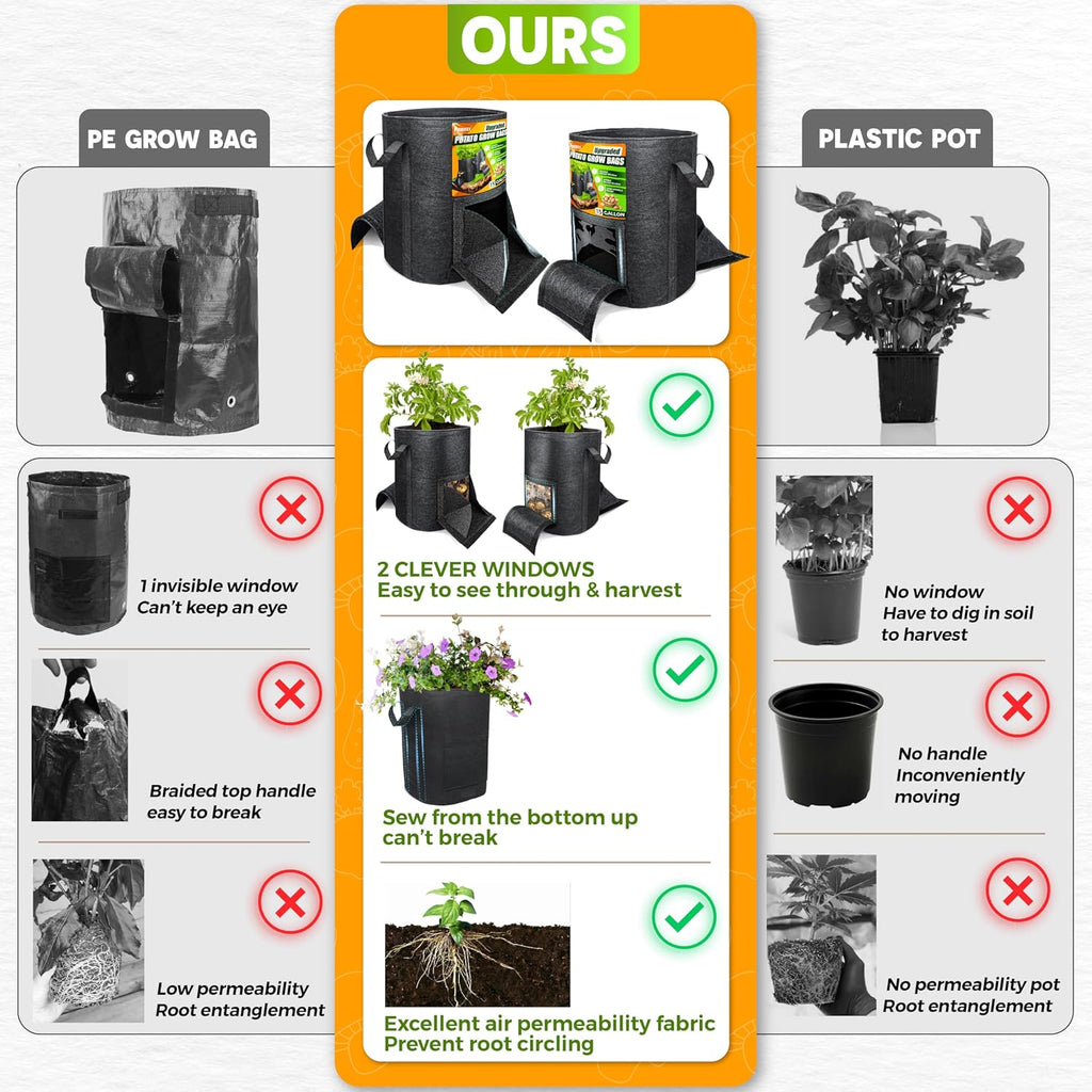 4PCS 15-Gallon Potato Grow Bag-Harvest & Visible Window Garden Planting Bag | Black Plant Grow Bag with Reinforced