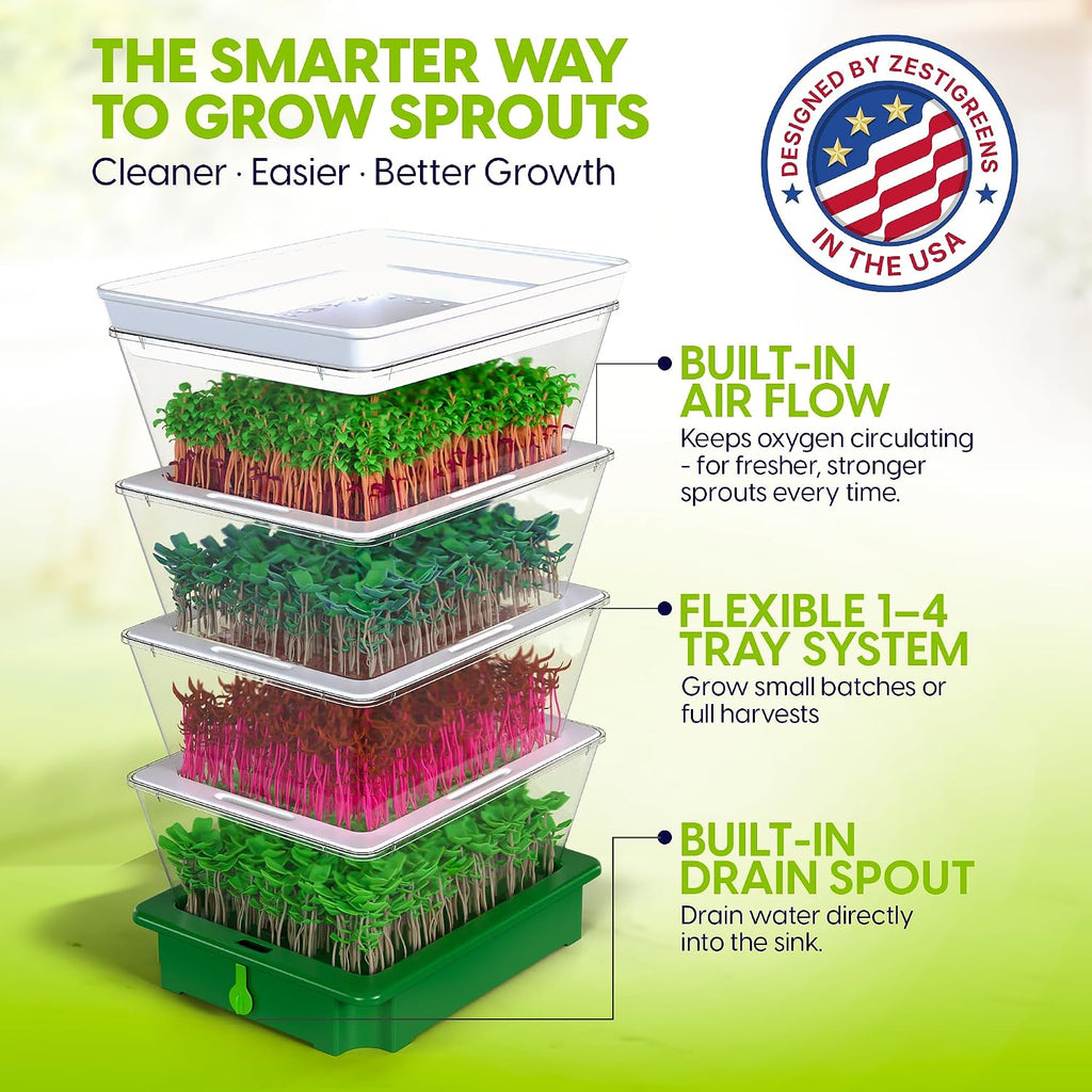Sprouting Trays - 4-Tier Seed Sprouter with Drain Spout | 4 BPA-free stackable trays with a drain spout for easy home