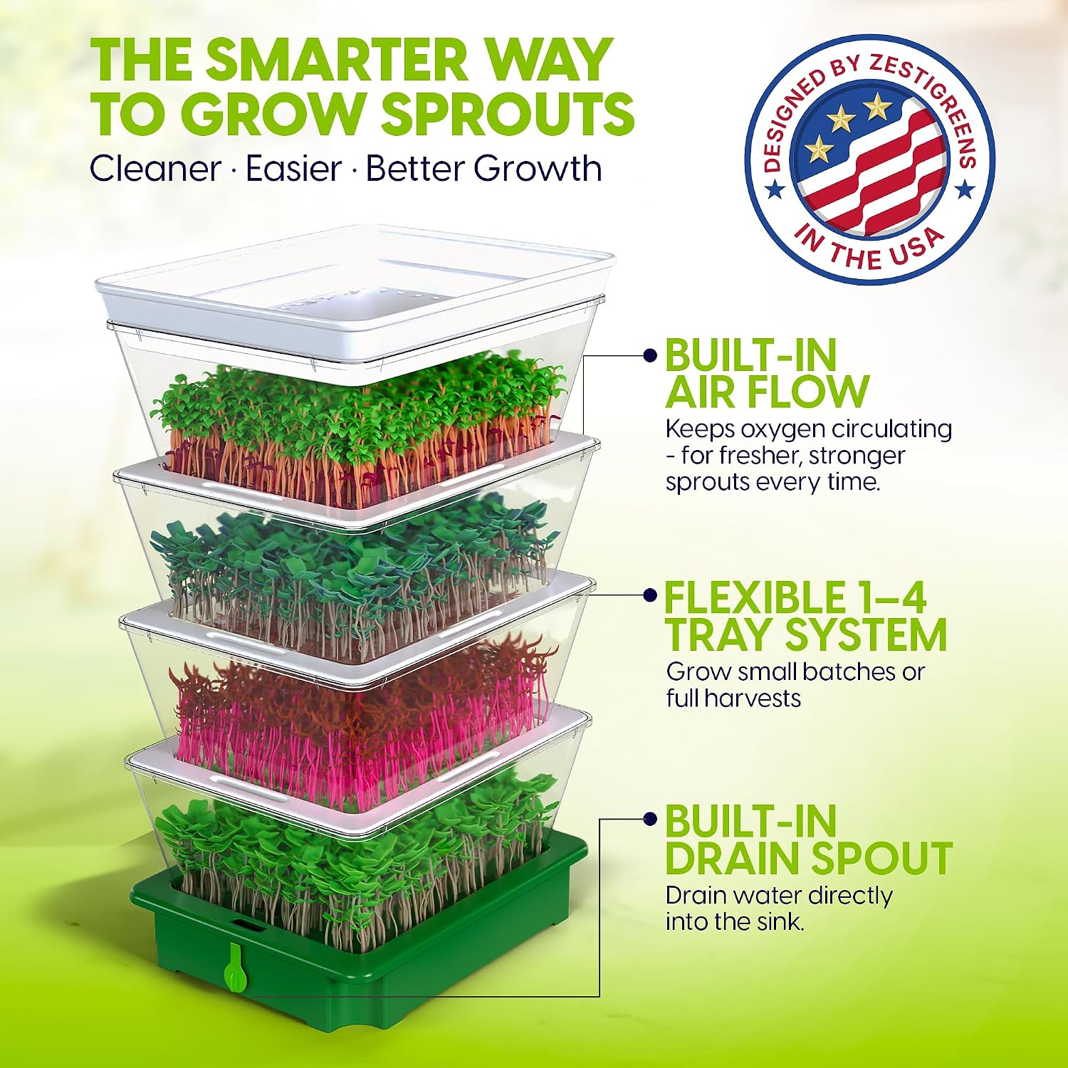 Sprouting Trays - 4-Tier Seed Sprouter with Drain Spout | 4 BPA-free stackable trays with a drain spout for easy home
