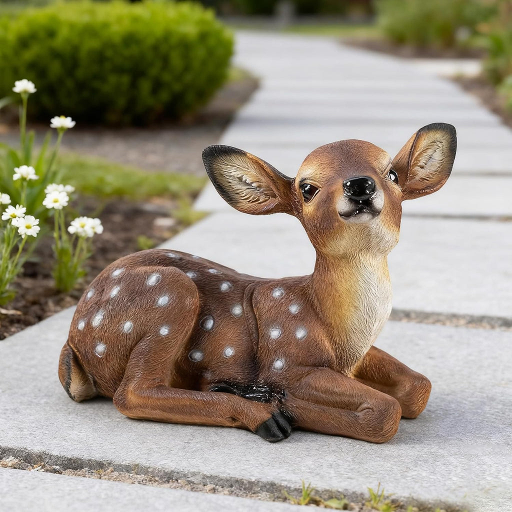 Outdoor Garden Deer Statue, Decorative Sculpture Brown Resin Fawn Sculpture, 9.45 x 6.3 x 5.1 inches Yard Lawn Decor