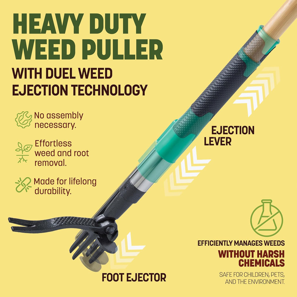 Papa's Tools Weed Puller Tool, 44" Stand Up Weeder Garden Tools & 4 Claw Steel Head, Dual Weed Eject Tech. Made with