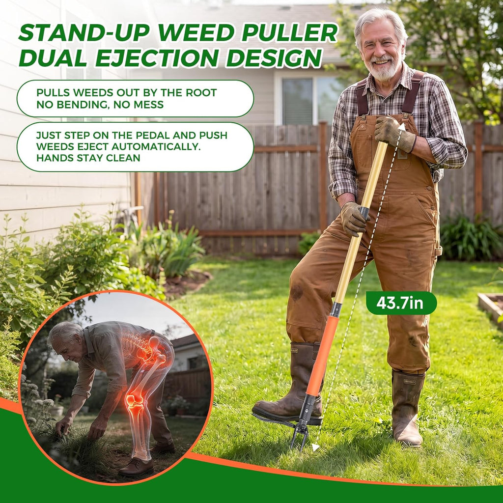 Stand Up Weed Puller Tool, 4-Claw Steel Head Deep Root Extractor with Dual-Eject Design, Real Bamboo Long Handle &