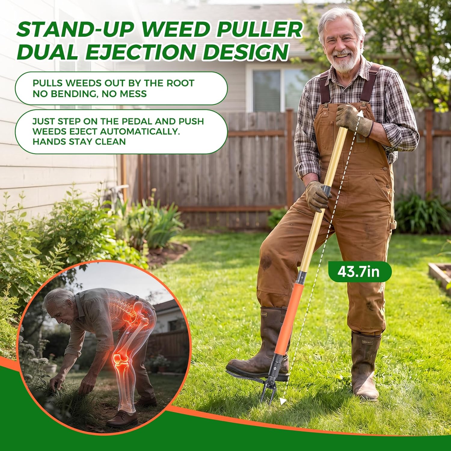 Stand Up Weed Puller Tool, 4-Claw Steel Head Deep Root Extractor with Dual-Eject Design, Real Bamboo Long Handle &