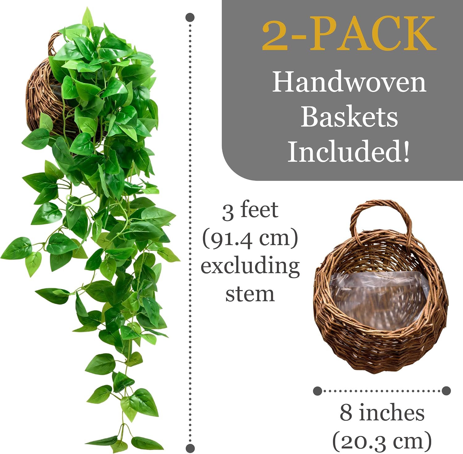 Tapeera 2-Pack Artificial Plants (with Baskets) - Ivy Vines Pothos - Outdoor & Indoor Decorations - Wall Faux Hanging