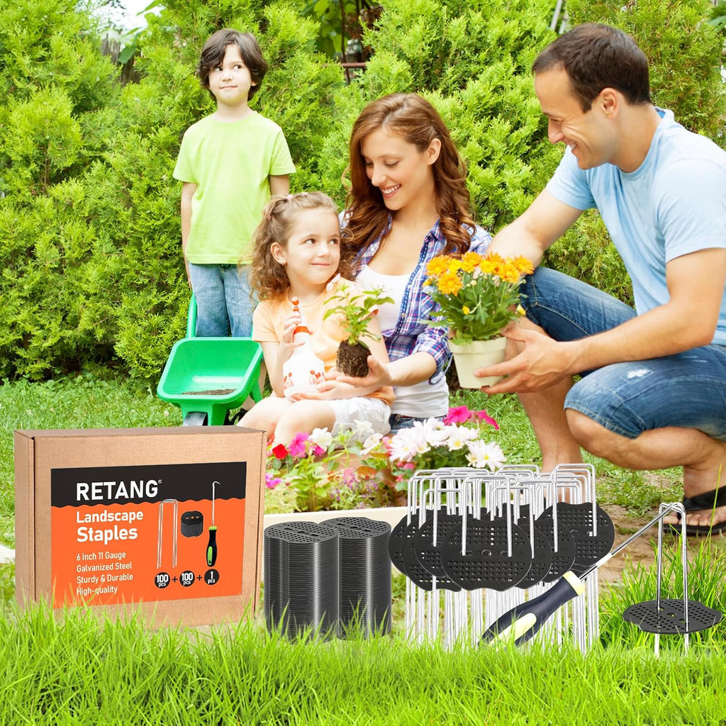 100 Pcs 6" 11 Gauge Landscape Staples with Gaskets & Remover Tool | Galvanized steel U-shaped garden stakes kit with
