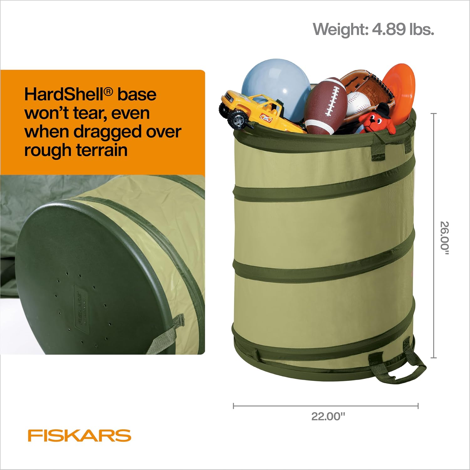 Fiskars Kangaroo Collapsible Garden Bag with Heavy Duty Hardshell Bottom for Leaf and Yard Waste, 30-Gallon Reusable