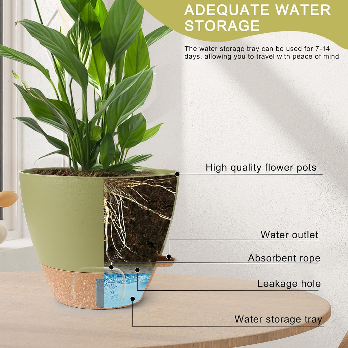 Self Watering Pots for Indoor Plants 12/10/9/8 Inch Plastic with Reservoir | Visible Water Level Indicator,Two Weeks
