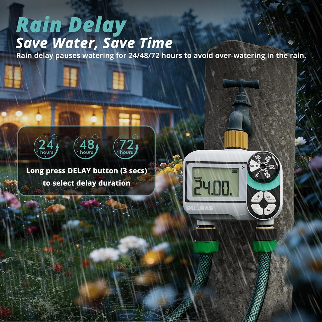 QUOBAS Brass Sprinkler Timer, Programmable Water Hose Timer for Garden Hose | 2 Zone Faucet Timer with Waterproof LCD
