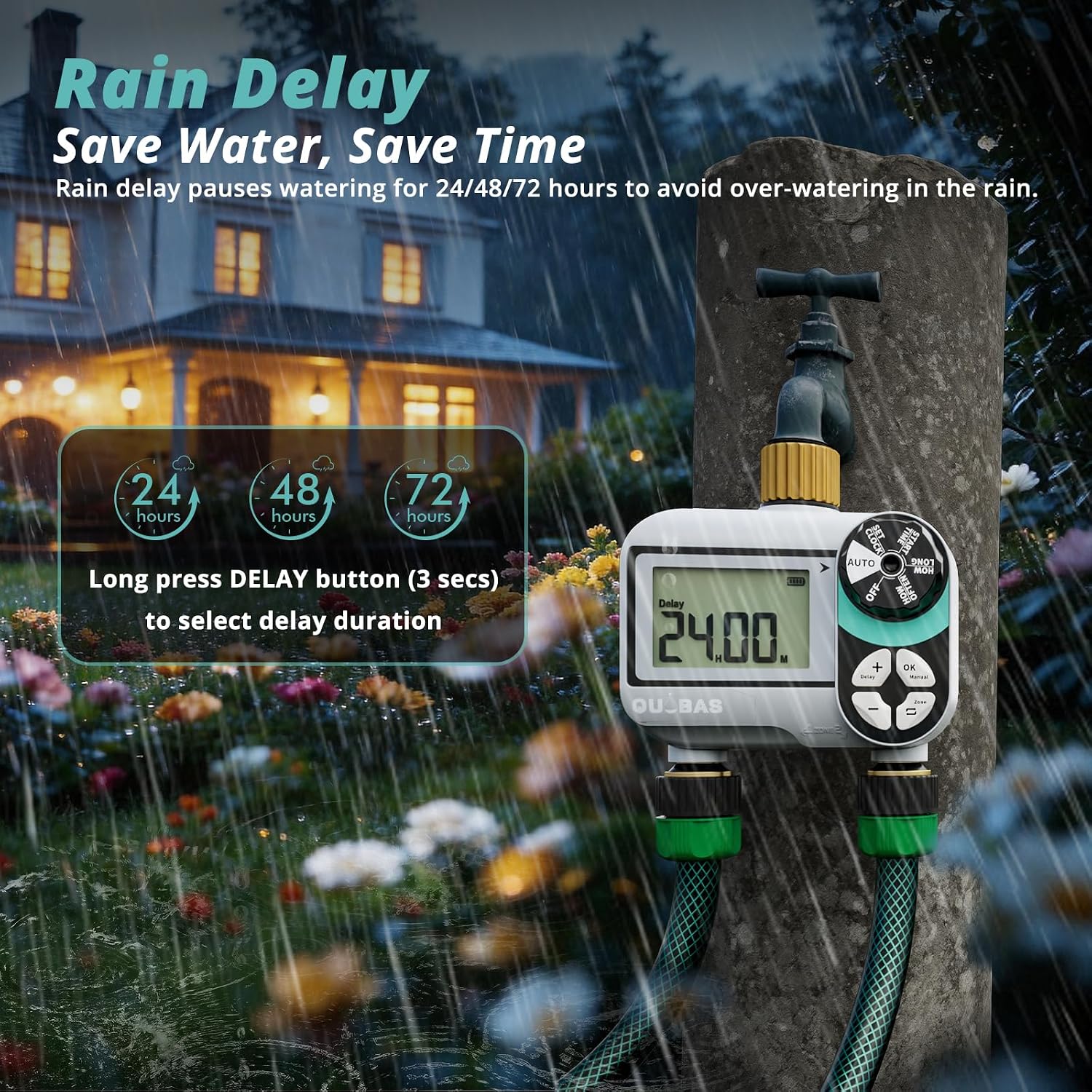 QUOBAS Brass Sprinkler Timer, Programmable Water Hose Timer for Garden Hose | 2 Zone Faucet Timer with Waterproof LCD
