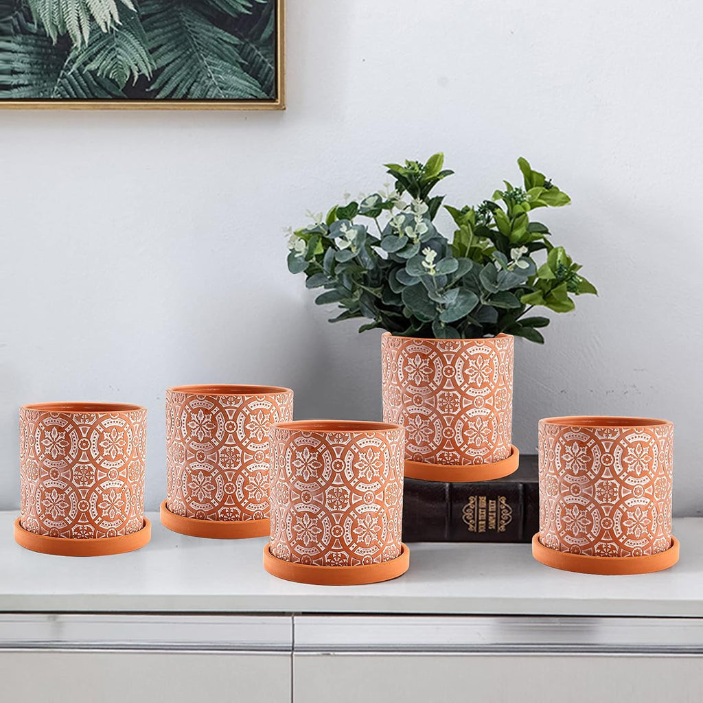 2 Pack Terracotta Plant Pot, 5'' Red Clay Planter Pot with Boho Flower Pattern, Ceramic Cactus Flower Planter Succulent