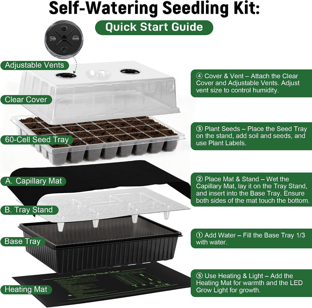 DazSpirit Seed Starter Kit, 60-Cell Tray with Grow Light and Heat Mat | Self-watering seedling tray with humidity dome