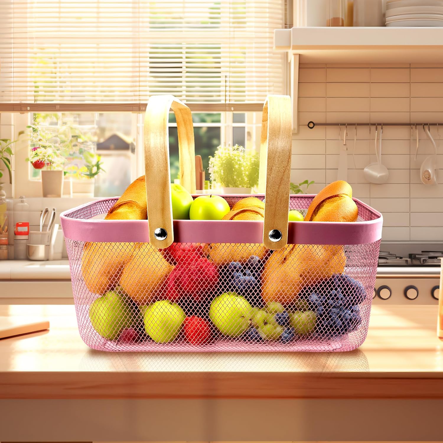 Cheardia 2 Pack Picnic Baskets, Metal Mesh Harvest Basket with Foldable Wooden Handle, Rectangle Garden Storage Basket