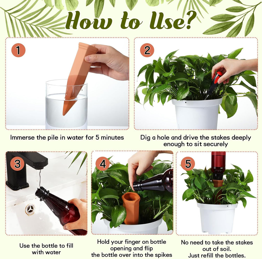 SiliFine 6 Sets Terracotta Self Watering Spikes with 26 oz Plastic Bottles, Plant Watering Devices Slow Release
