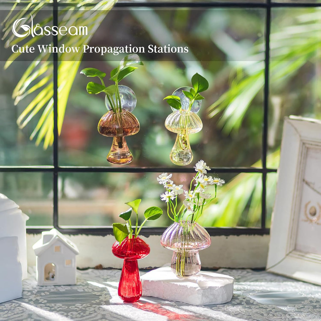 Glasseam Window Plant Propagation Station: 4Pcs Glass Hanging Mushroom Vase | With Suction Cup, Colorful, Cute