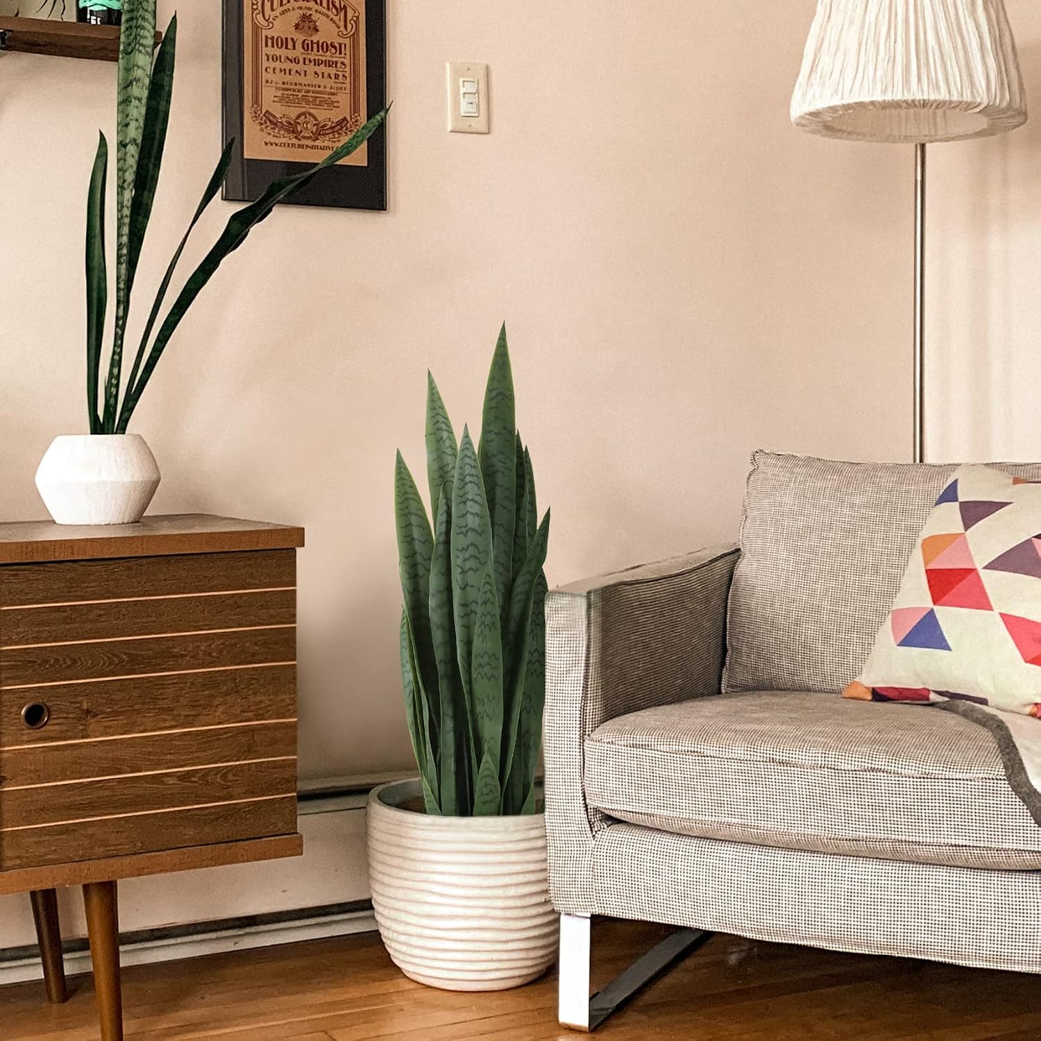 Worth Garden 3ft Artificial Snake Plant Fake Sansevieria Indoor Outdoor, 28 Thick Leaves Lifelike Faux Silk Plant, Home