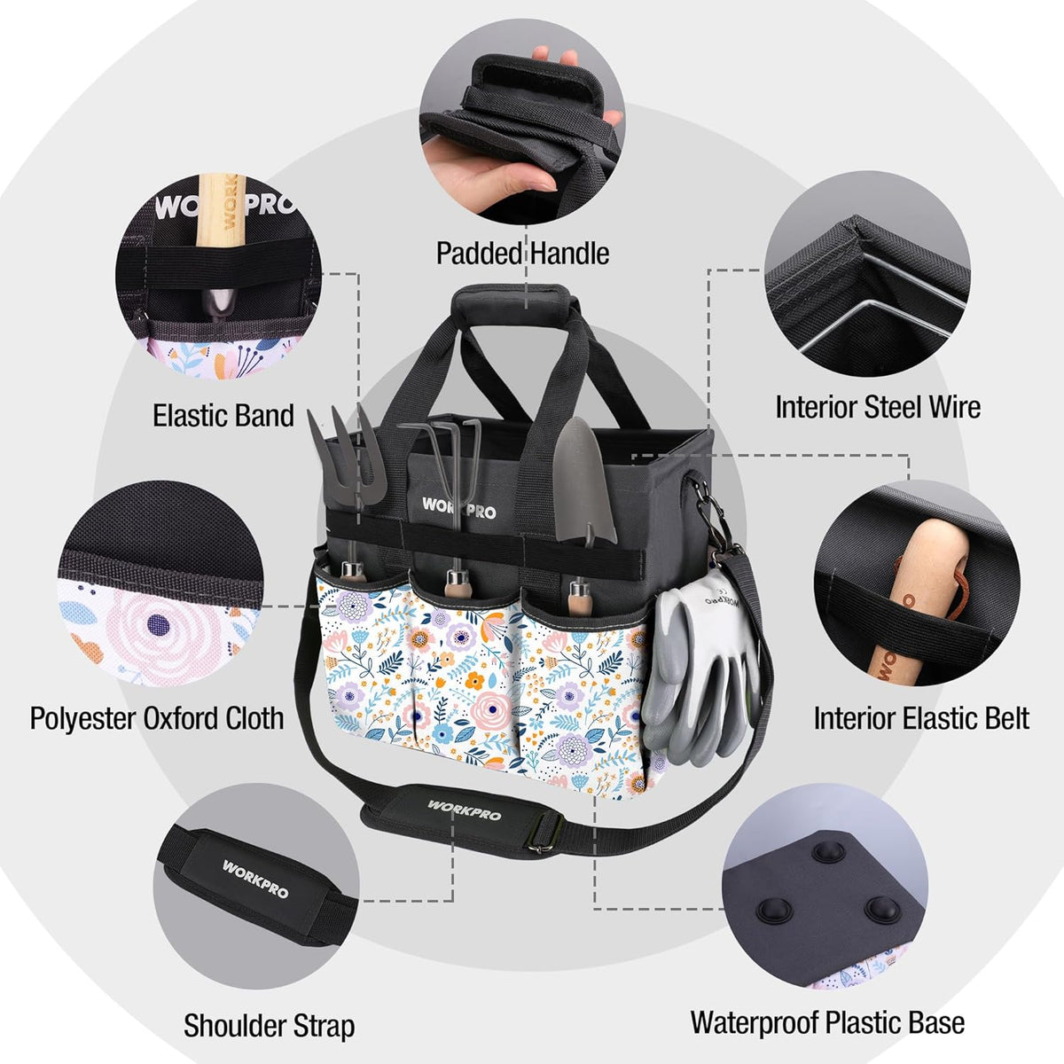 WORKPRO Garden Tool Bag, 10 Pockets and Shoulder Strap, Floral White | Heavy Duty Gardening Organizer Tote Bag
