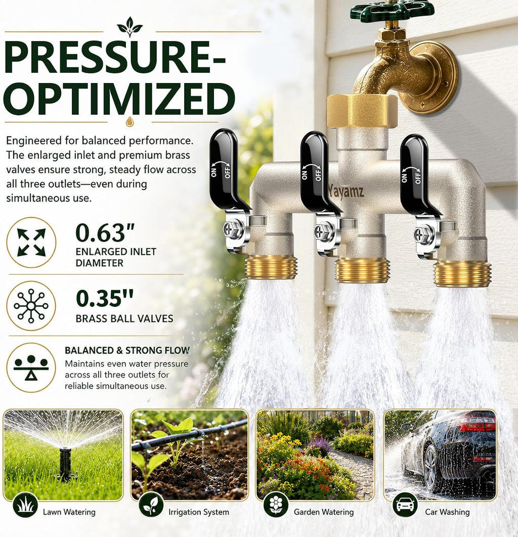 3 Way Garden Hose Splitter, 3/4" GHT Outdoor Faucet Splitter | Heavy-duty Solid Brass Body, Wide Spacing Fits Large