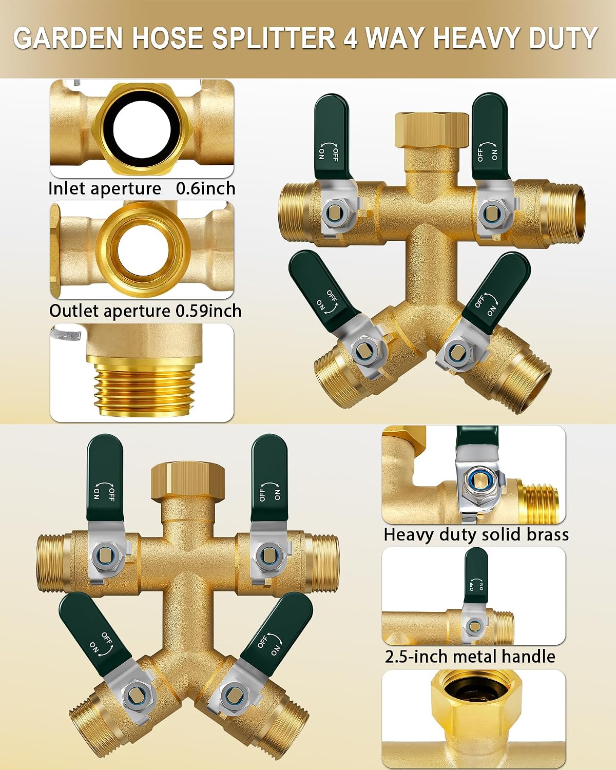 EBH Garden Hose Splitter 4 Way, Heavy Duty Solid Brass Hose Splitter with Shutoff Valves, Water Spigot Splitter With
