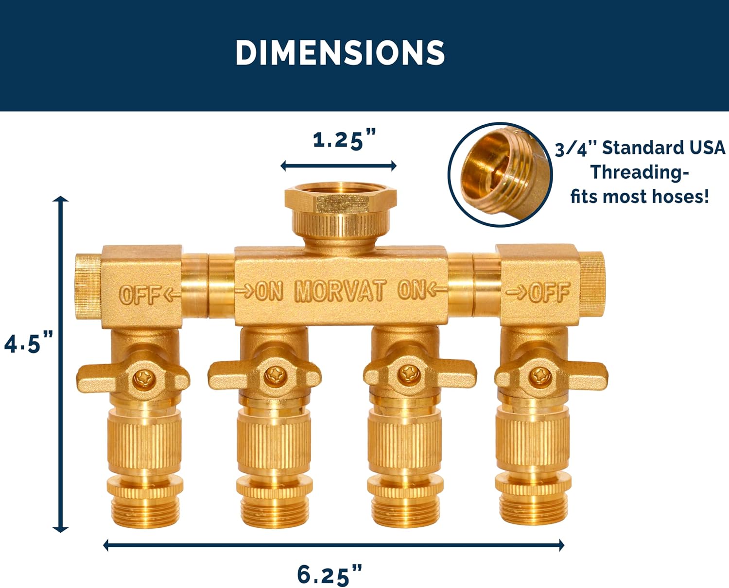 Heavy Duty 4 Way Brass Hose Splitter, Quick Connector Rotating Arms | 4-outlet brass manifold with individual ON/OFF