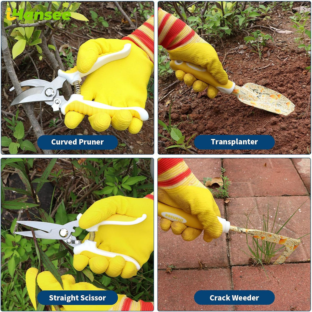 Yellow Garden Tools Set 10 Pieces, Gardening Gifts for Women | Aluminum Alloy Steel Hand Tool Kit w/Non-Slip Ergonomic