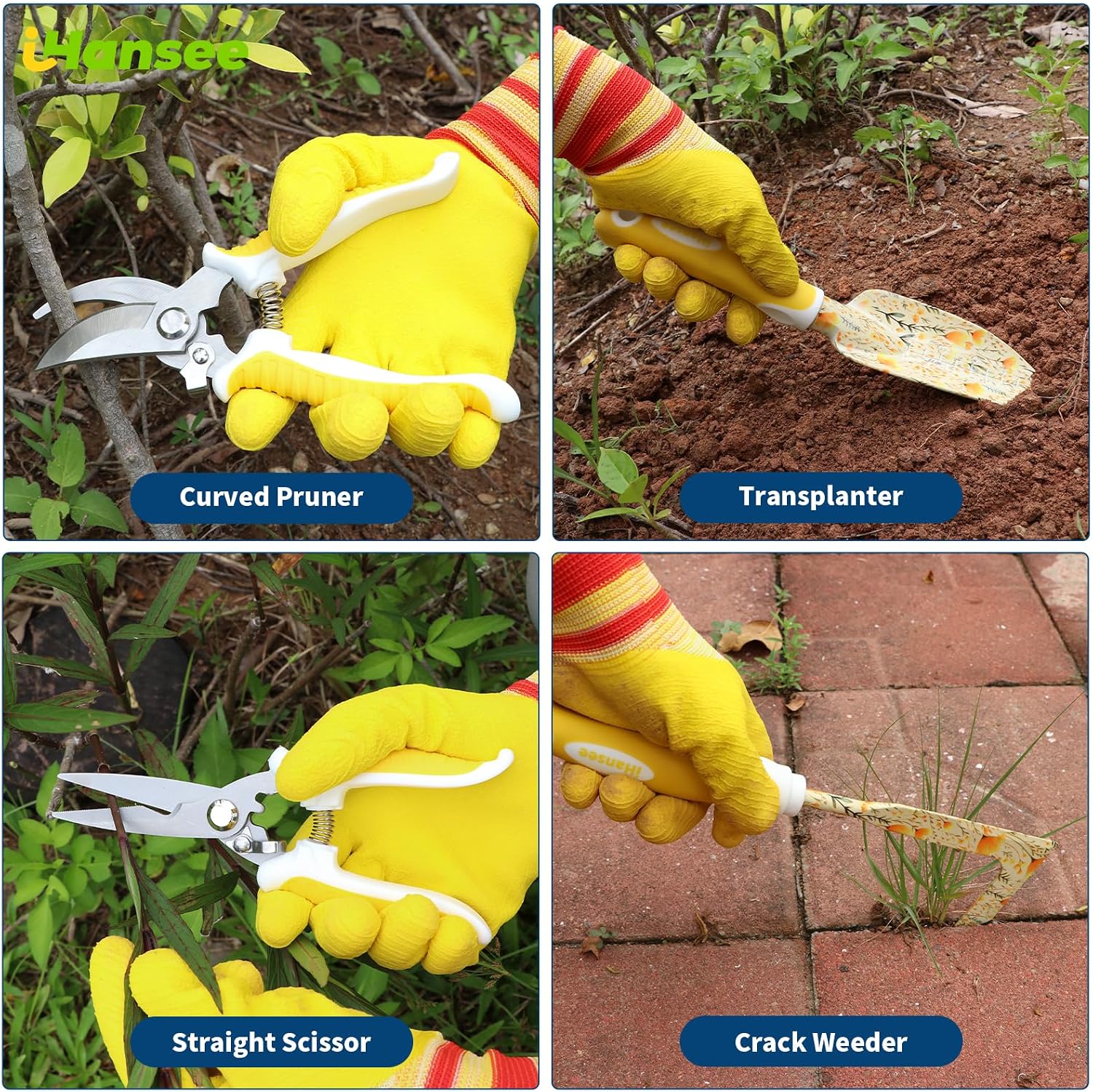 Yellow Garden Tools Set 10 Pieces, Gardening Gifts for Women | Aluminum Alloy Steel Hand Tool Kit w/Non-Slip Ergonomic