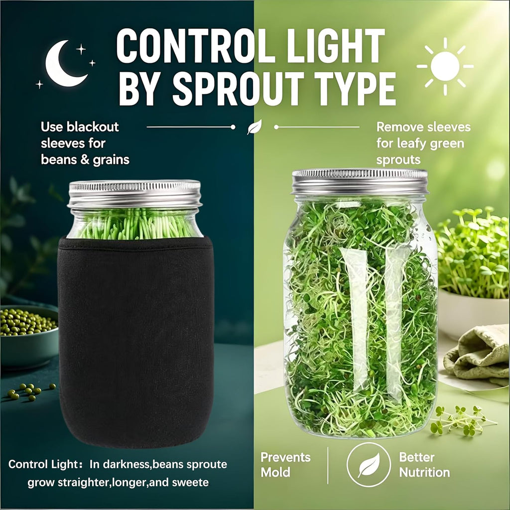 Premium Sprouting Jar Kit, 2Pack Wide Mouth Mason Jars with Mesh Sprouting Lids, Blackout Sleeves, Stand and Drip Tray