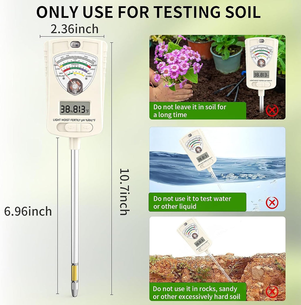 Soil Test Kit, 7-in-1 Soil Moisture Meter, Dual Screen Soil Tester, Moisture/pH/Temperature/Sunlight/Air