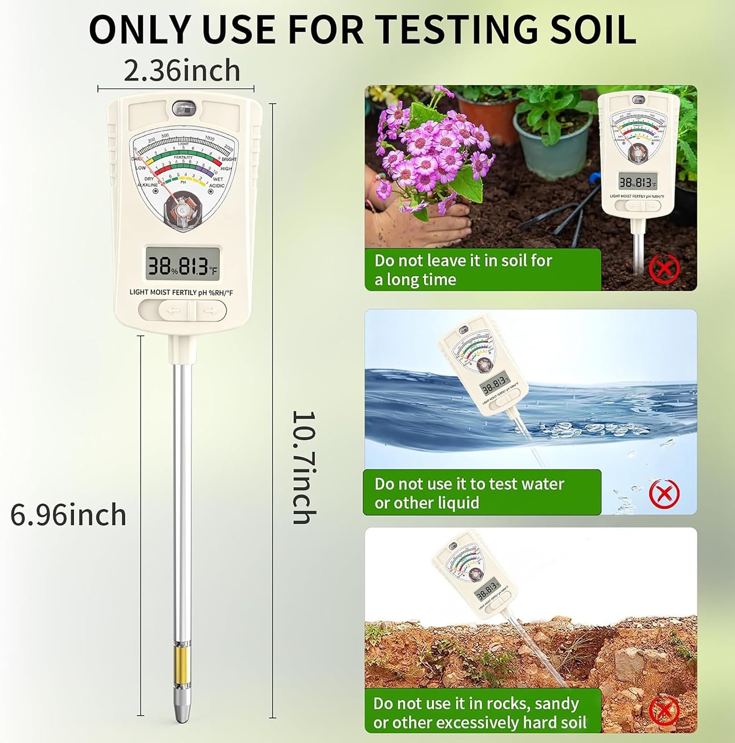 Soil Test Kit, 7-in-1 Soil Moisture Meter, Dual Screen Soil Tester, Moisture/pH/Temperature/Sunlight/Air