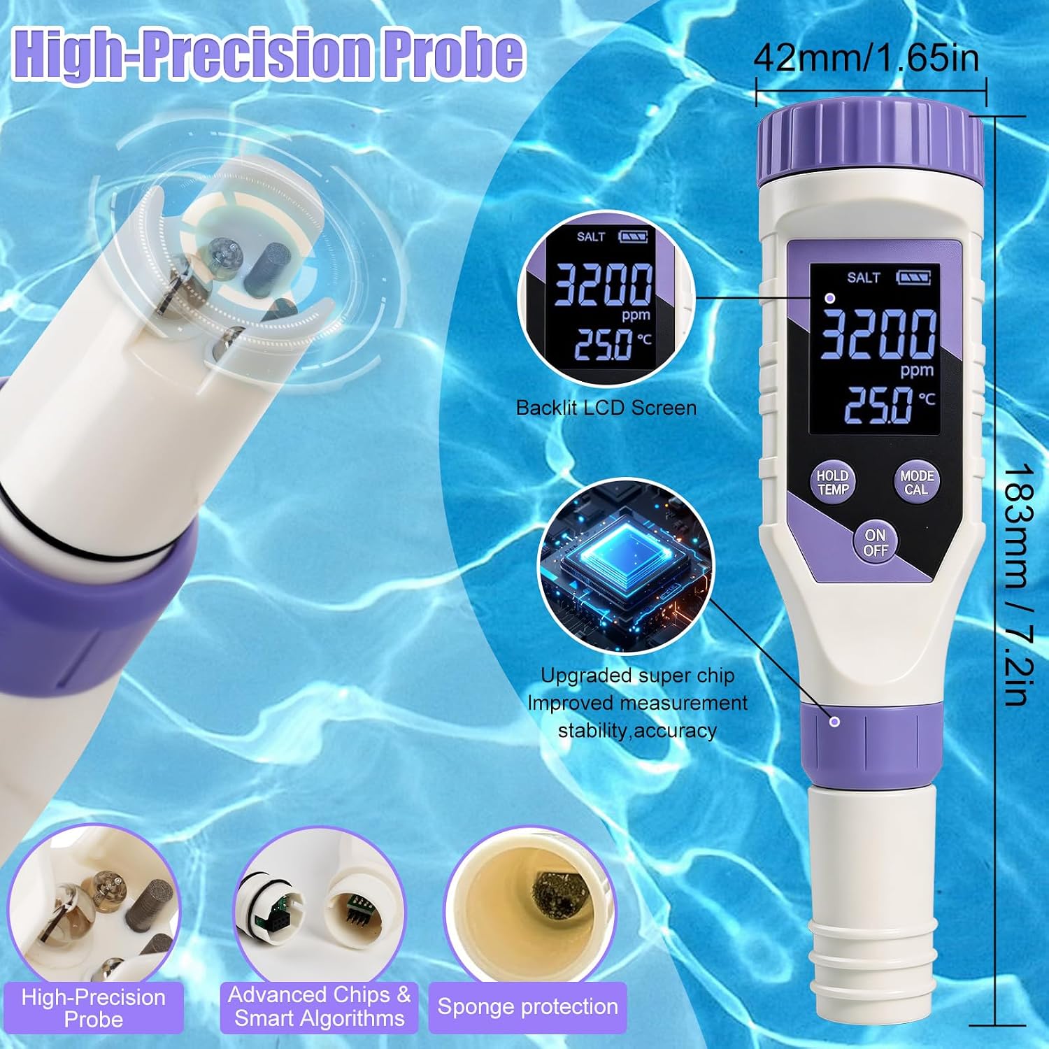 7-in-1 Digital Pool Water Tester – Chlorine, pH,Salt,ORP, EC, TDS&Temp Meter for Saltwater Pools, Hot Tubs, Spas