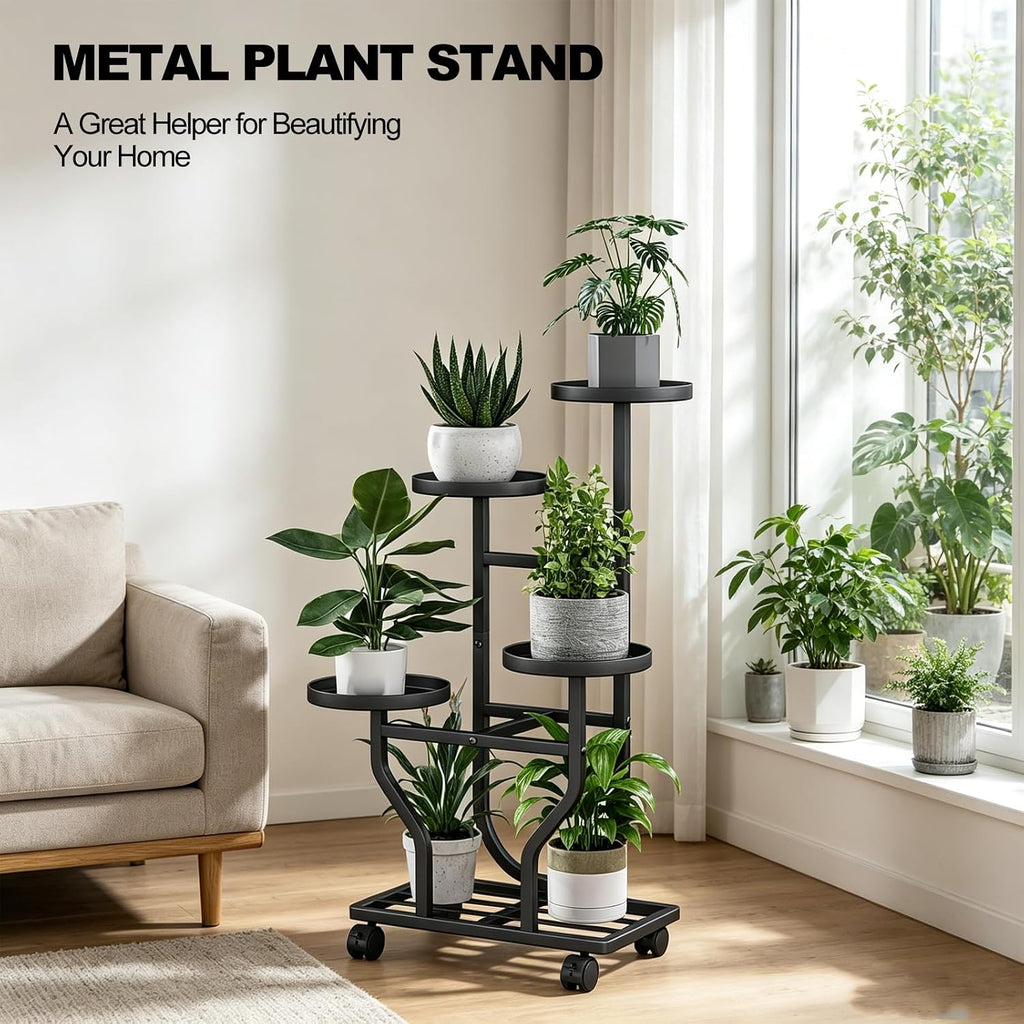 Plant Stand with Wheels, Black 4 Tier Metal Plant Shelf for Indoor Outdoor | Corner Plants Stand Indoor for Bedroom