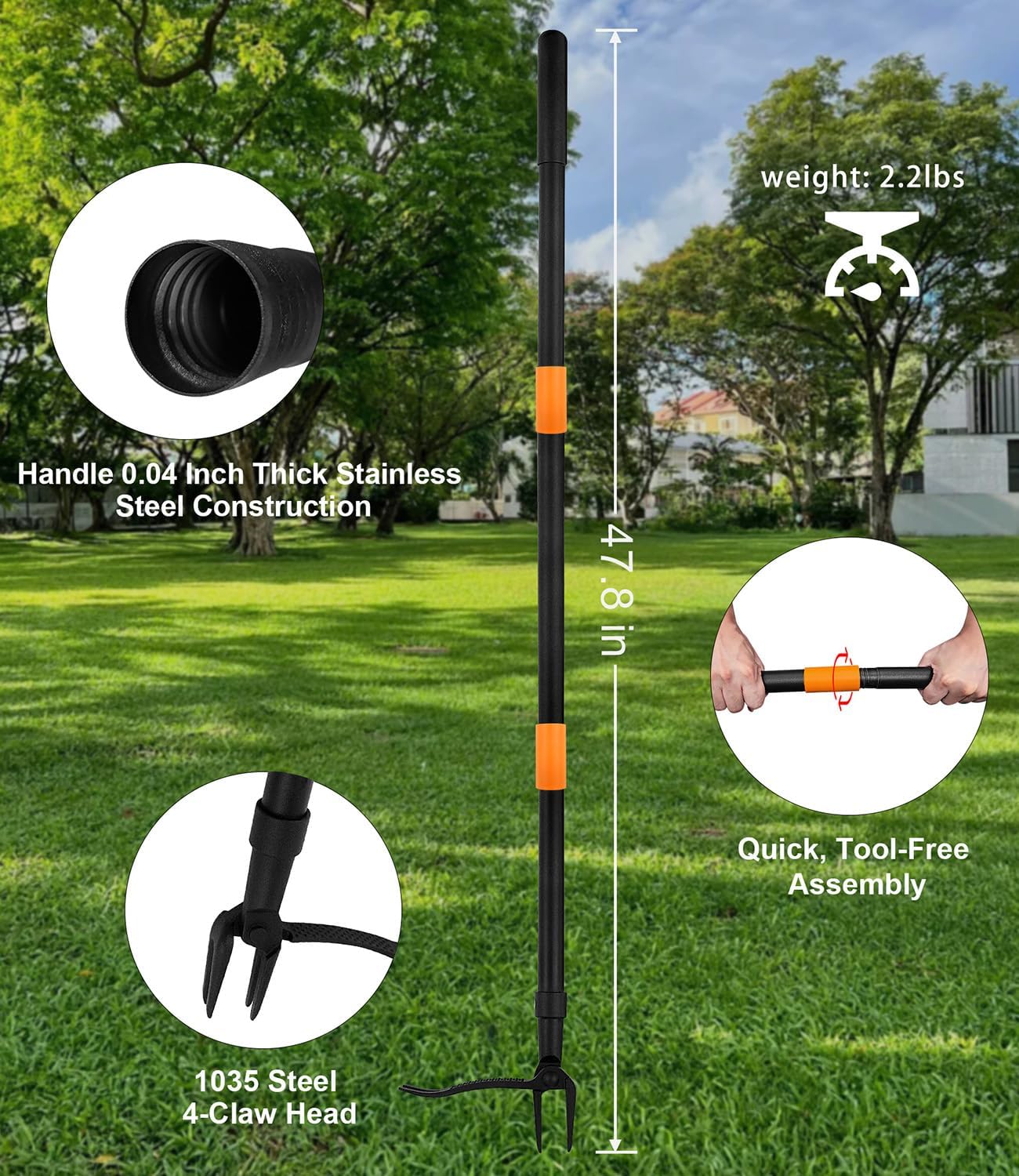 Weed Puller Tool, 4-Claw Stand Up Gardening Hand Weeding Tool with Adjustable 47.8" Stainless Steel Handle & 1035 Steel