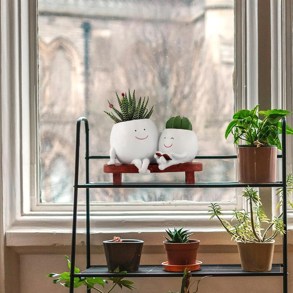 Meltset Cute Face Planter Pot - Funny Double Head Planter Sitting on Bench, Smiley Succulent Pot with Drainage Indoor