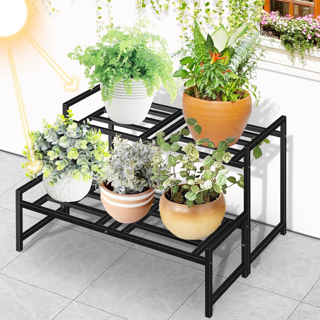 Plant Stand Indoor Outdoor, 2-Tier Stackable Wrought Iron Plant Stands | Metal Plant Shelf Decorative Outdoor Flower