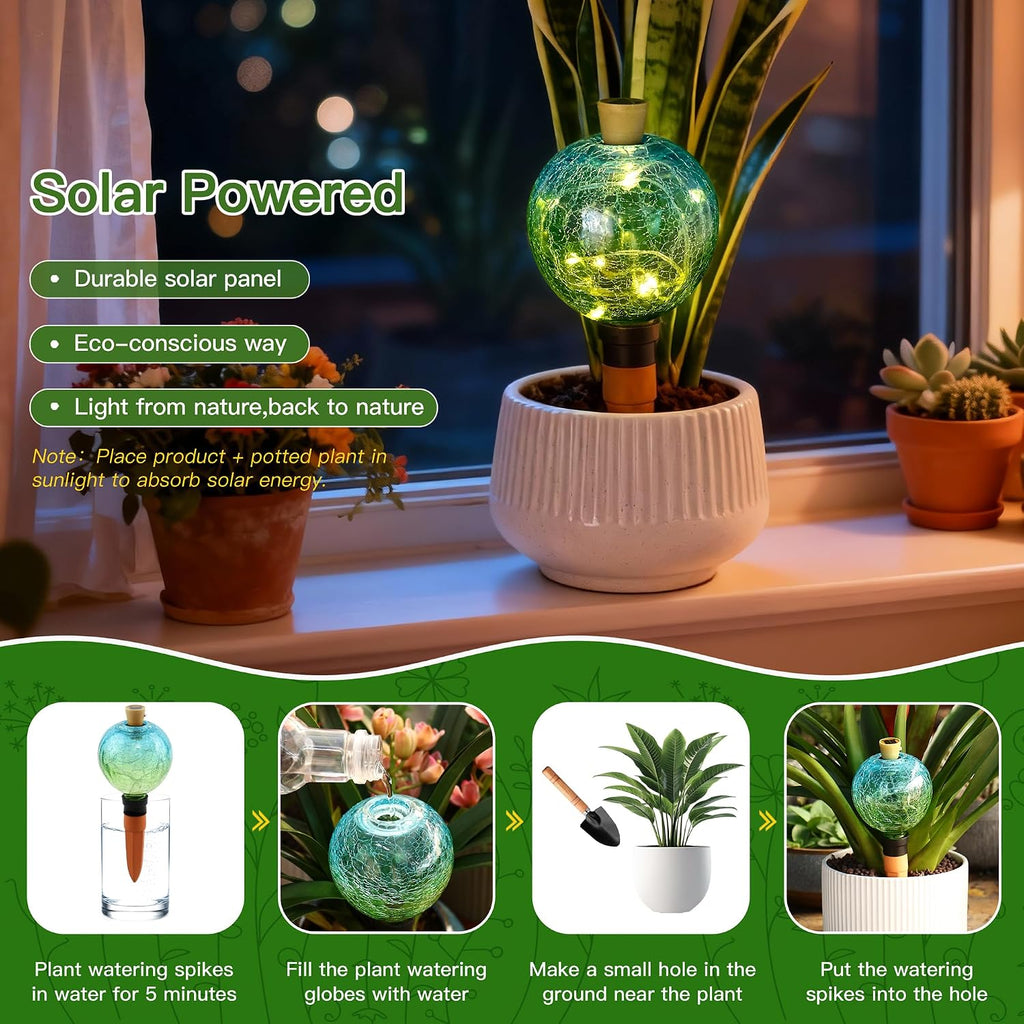 VOREEN Crackle Glass Plant Watering Globe with Terracotta Spike,Self-Watering Irrigation for Potted Plants, with Solar
