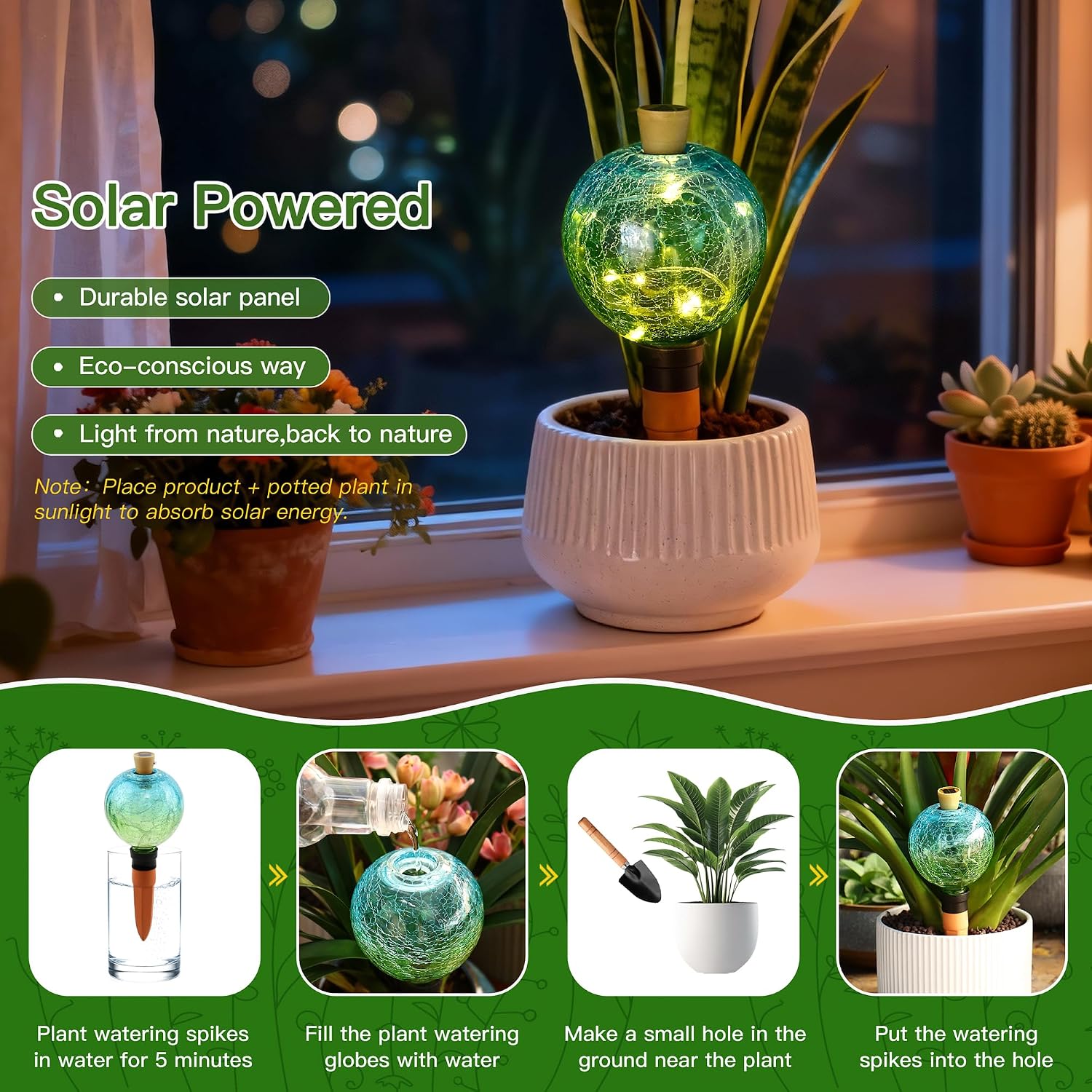 VOREEN Crackle Glass Plant Watering Globe with Terracotta Spike,Self-Watering Irrigation for Potted Plants, with Solar