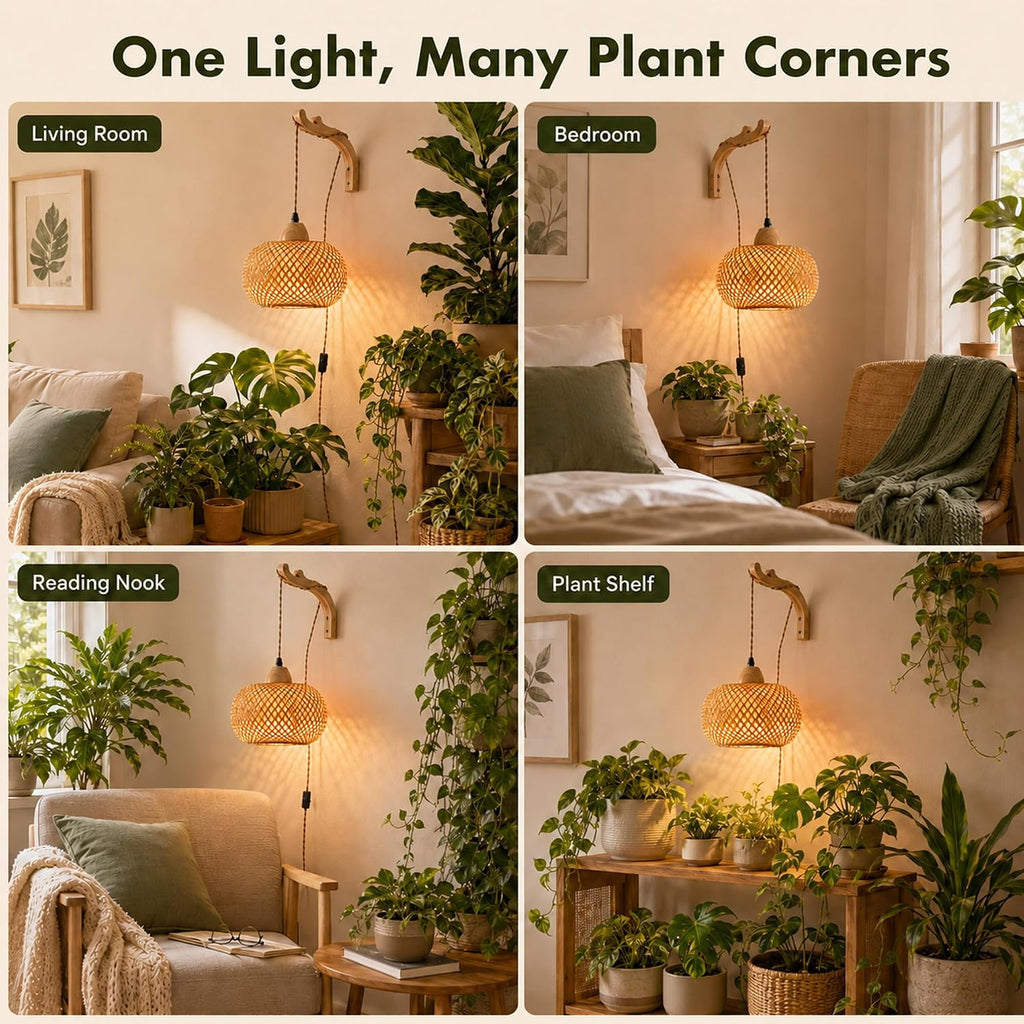 Wall Mounted Grow Lights for Indoor Plants with Timer, Hanging Light | 3500K Full Spectrum Pendant Grow Light, Rattan