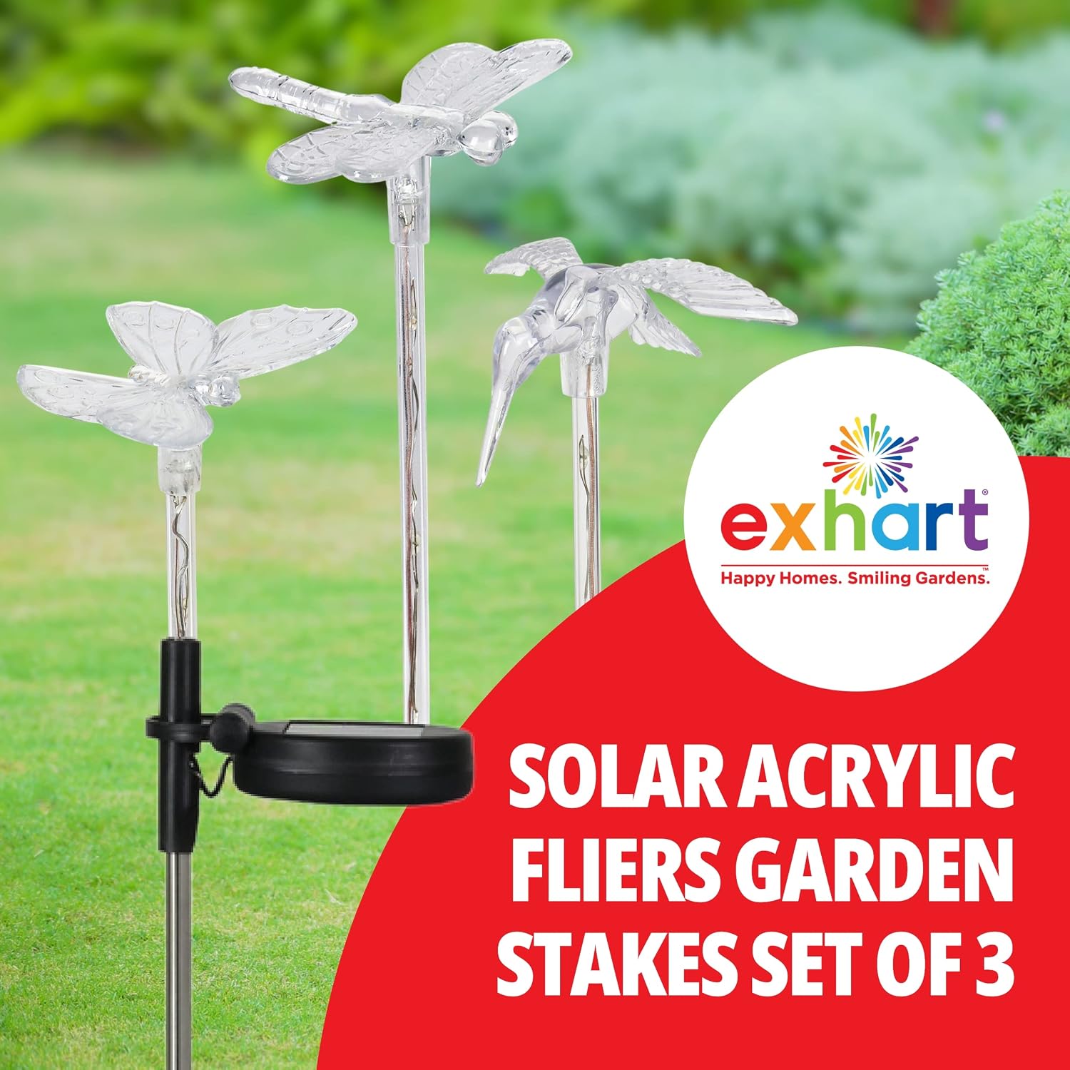 Exhart 3 Solar Acrylic Garden Stakes, Color-Changing Tops, LED Lined Stakes, 1/ea 3pc, 3.5"x 3"25.5"