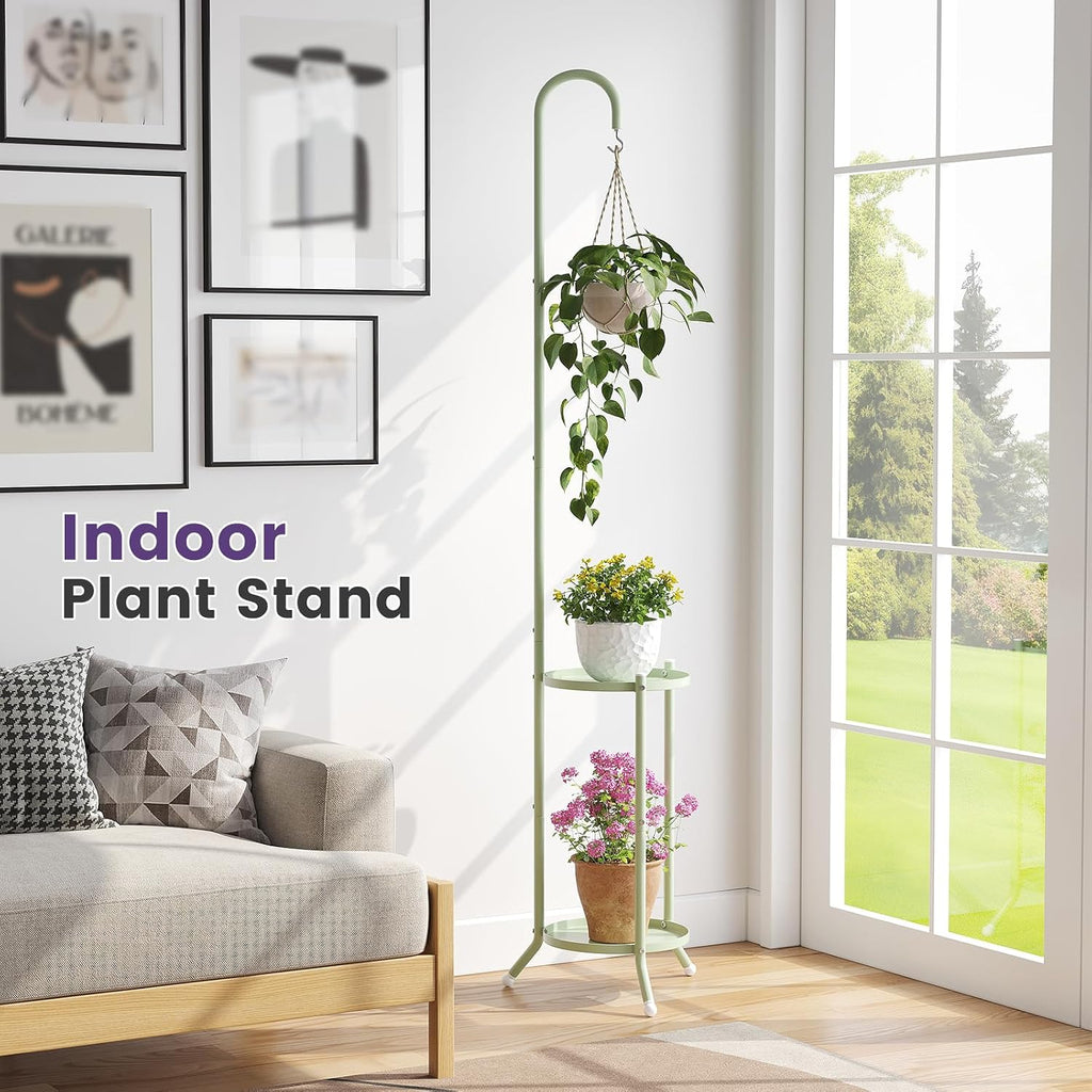 2-Tier Metal Plant Stand with Hanging Hook,Green | rustproof iron shelf for indoor/outdoor use. Holds planters, bird