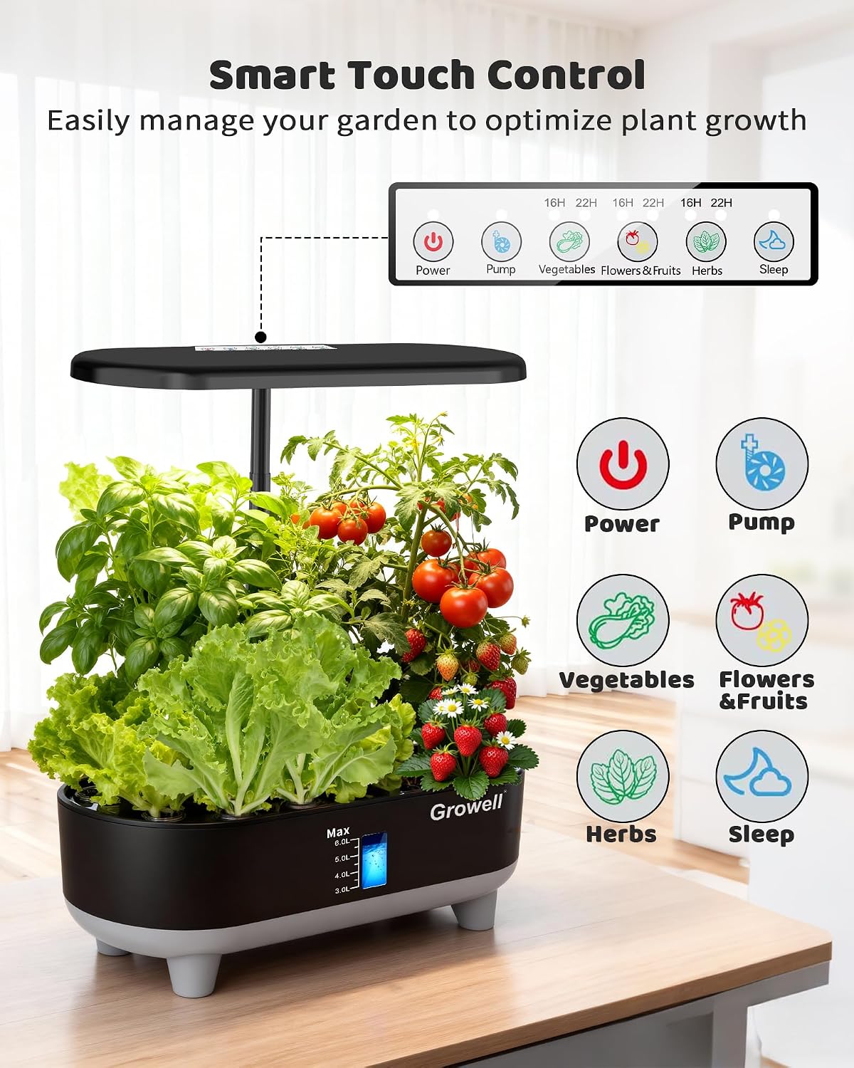 Growell 16 Pods Hydroponics Growing System Kit with 3 Light Modes & 2 Timer | Smart Water Circulation, LED Grow Light