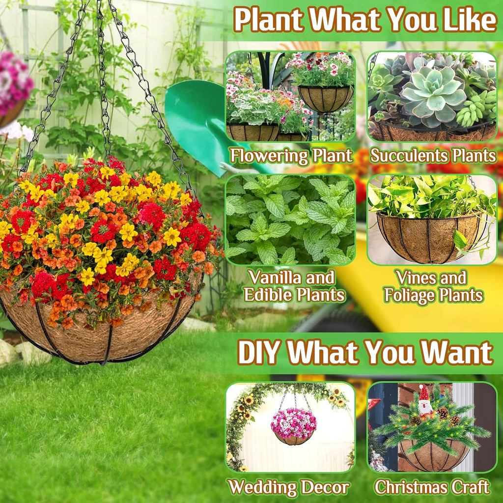 2 Pack 14 Inch Hanging Baskets for Plants Outdoor, Metal Wire Round Planters with Coco Liner, Hanging Flower Baskets