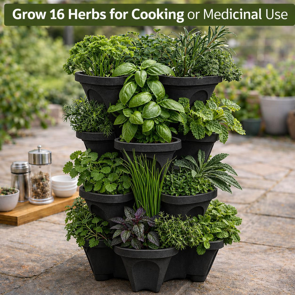 Vertical Garden Planter 4 Tier Stackable System 16 Plants, Space Saving Herb, Strawberry & Food Crop Planter with
