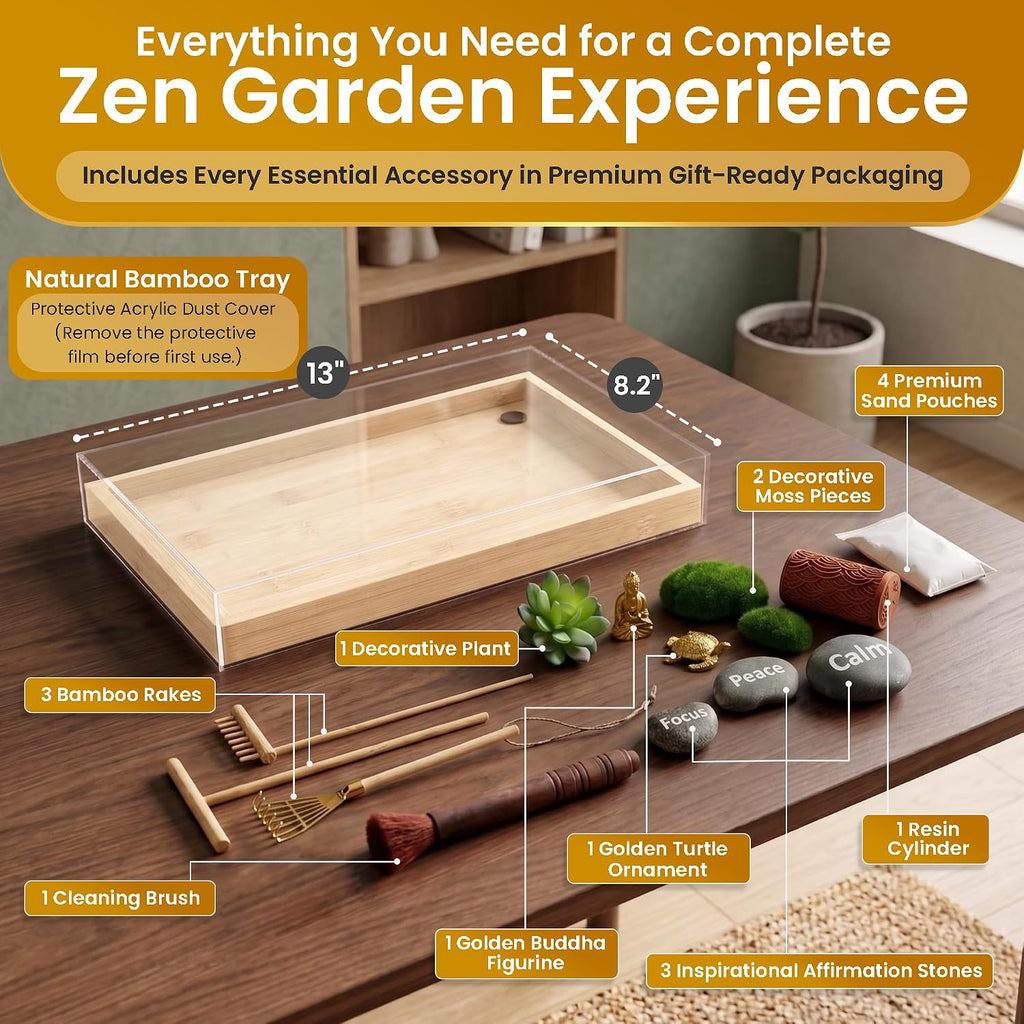 Zen Garden Kit 13″ x 8.2″ Large Zen Garden for Desk with Bamboo Sand Tray | 15 Accessories & 6 Tools, Japanese Decor