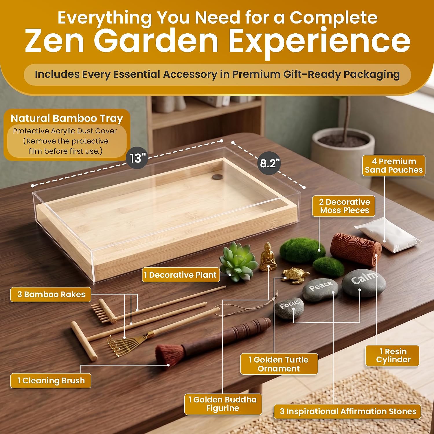 Zen Garden Kit 13″ x 8.2″ Large Zen Garden for Desk with Bamboo Sand Tray | 15 Accessories & 6 Tools, Japanese Decor