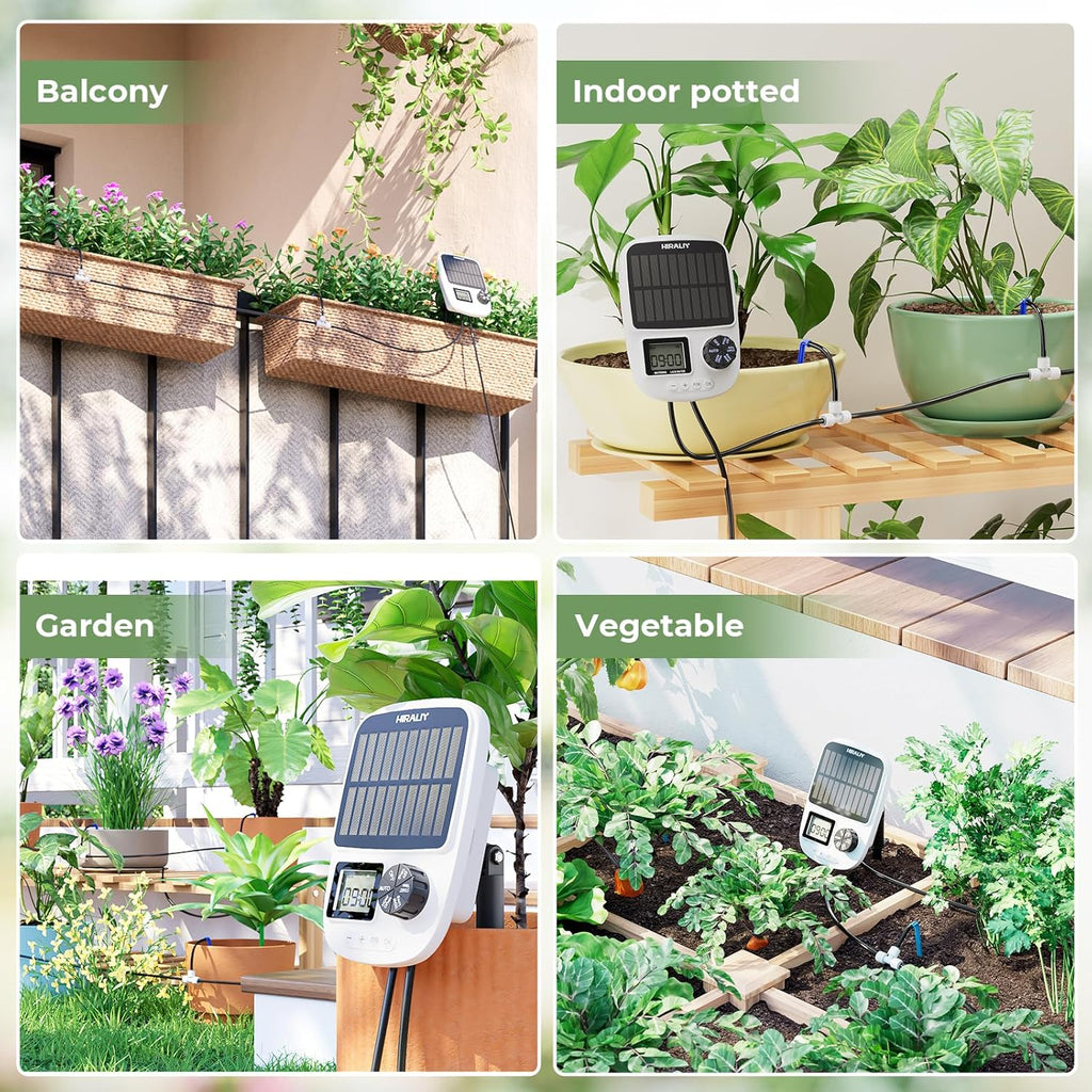 HIRALIY Solar Drip Irrigation System with Timer, Automatic Plant Watering | USB Backup, 12 Drip Emitter Stakes, 40FT