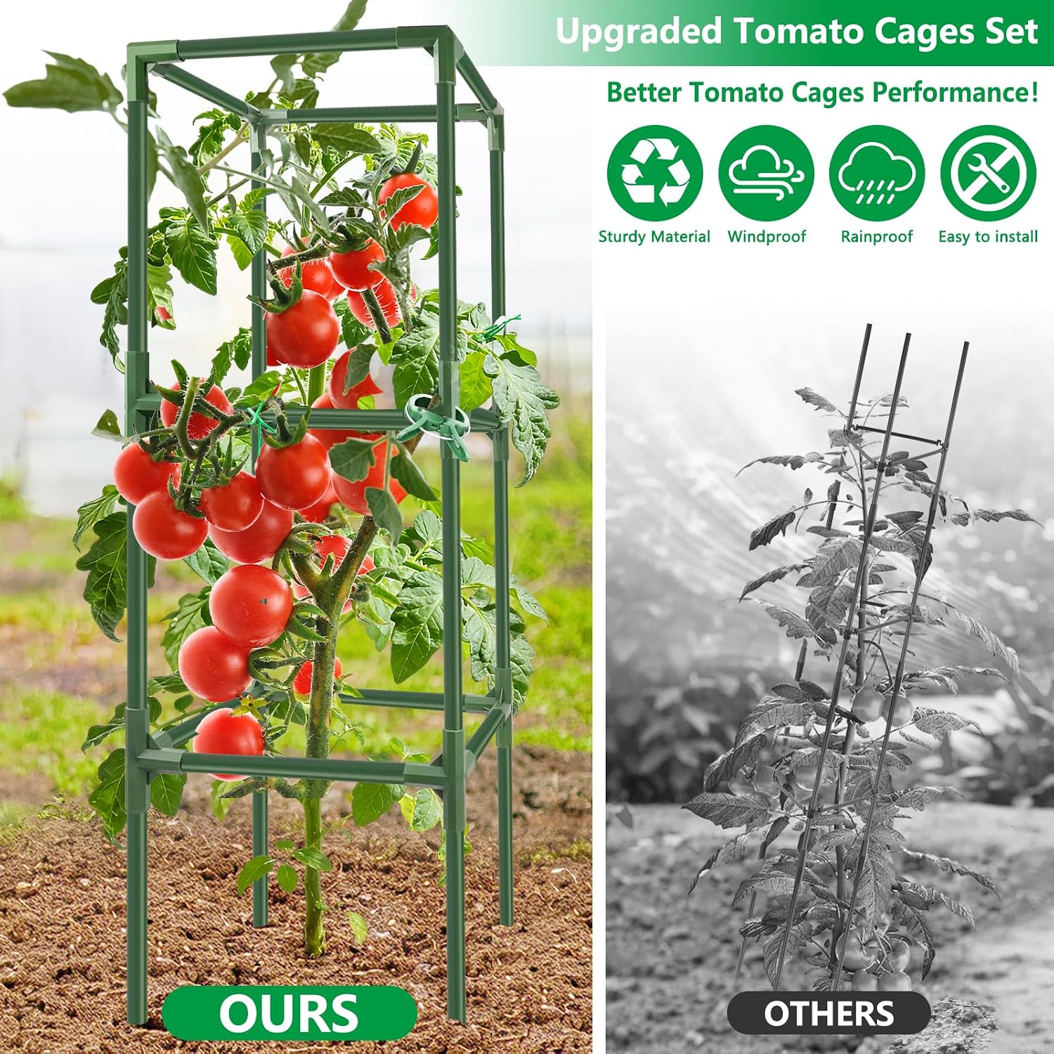 3 Pack 49" Square Tomato Cages, Heavy Duty Steel Garden Trellis Kit | Garden Plant Support Tower Stakes, Cucumber