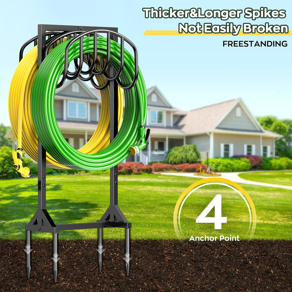Garden Water Hose Holder Holds 2 * 150Ft Hoses, Heavy-Duty Metal Freestanding Hose Holder with 4 Spikes, Rustproof